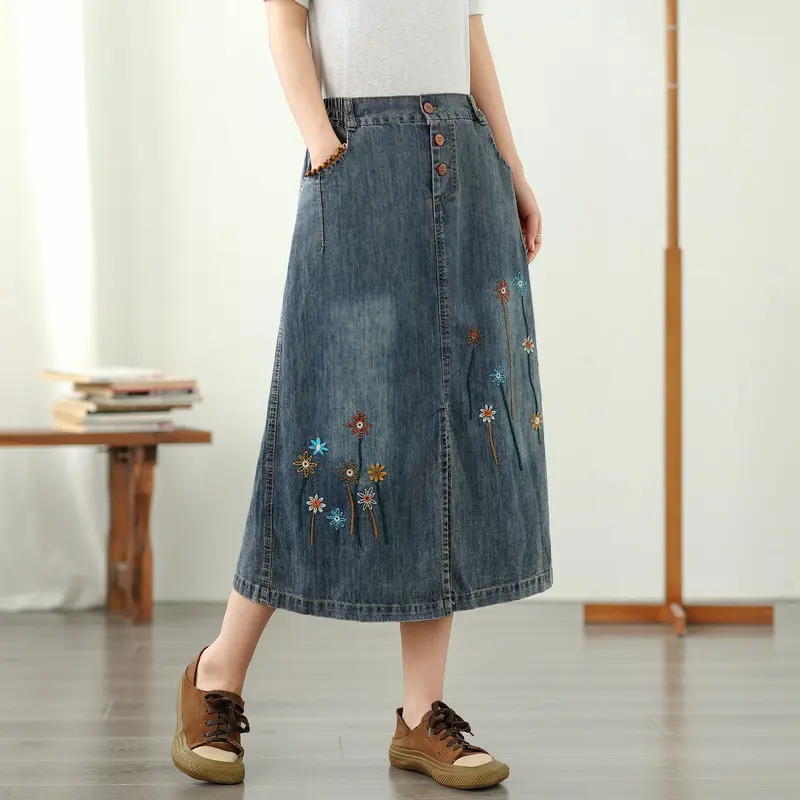 Denim Skirts Women Mid Length Skirt A Line Mom Jeans Streetwear Elegant Splice Y2k Work Casual High Waist Embroidery Floral 2025