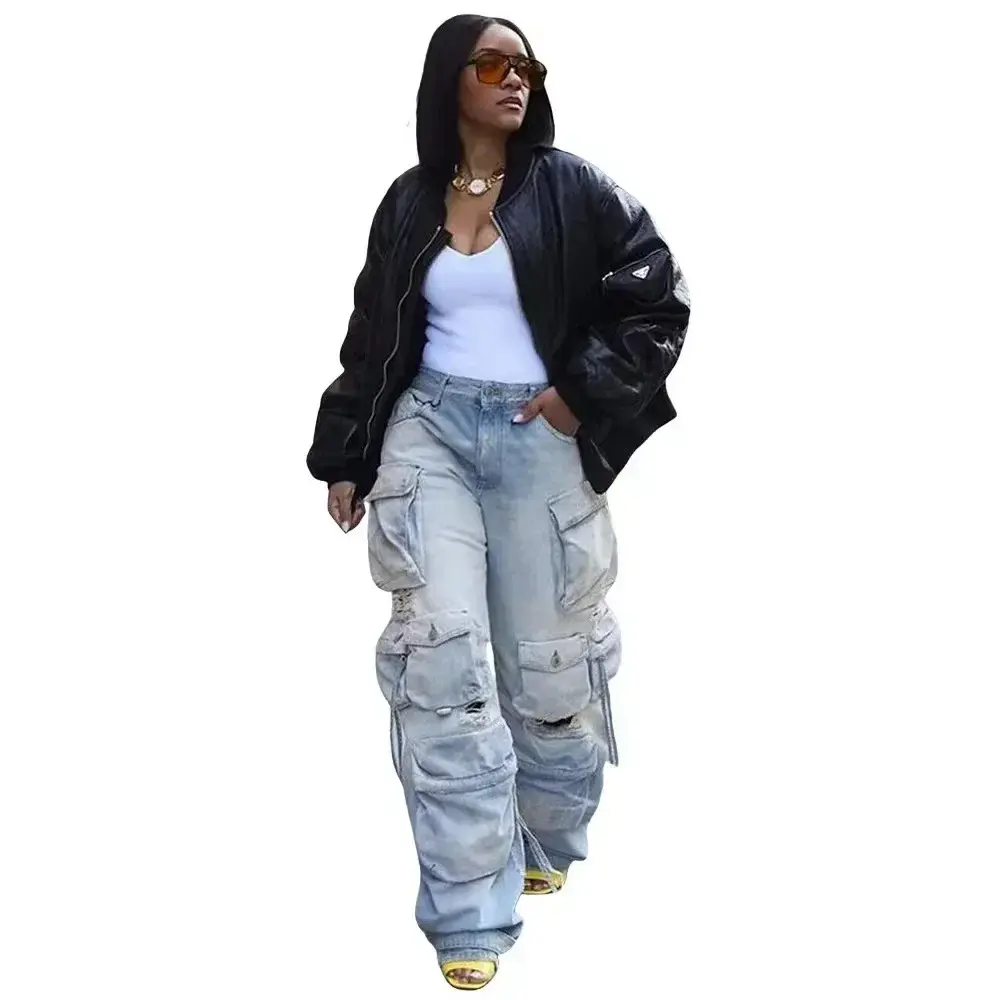 Washed Cargo Pants Women Hole Distressed Jeans Vintage Pockets Mid Waist Trousers 2025 Autumn Female Casual Denims Streetwear