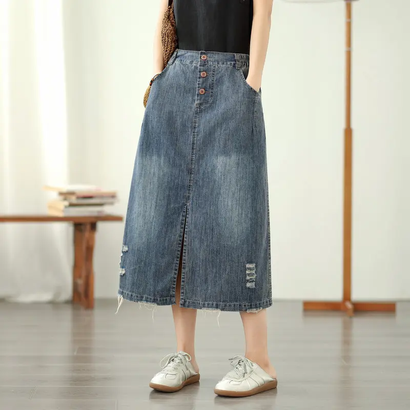 Denim Skirts Women Mid Length Skirt A Line Mom Jeans Streetwear Elegant Splice Y2k Work Casual High Waist Embroidery Floral 2025