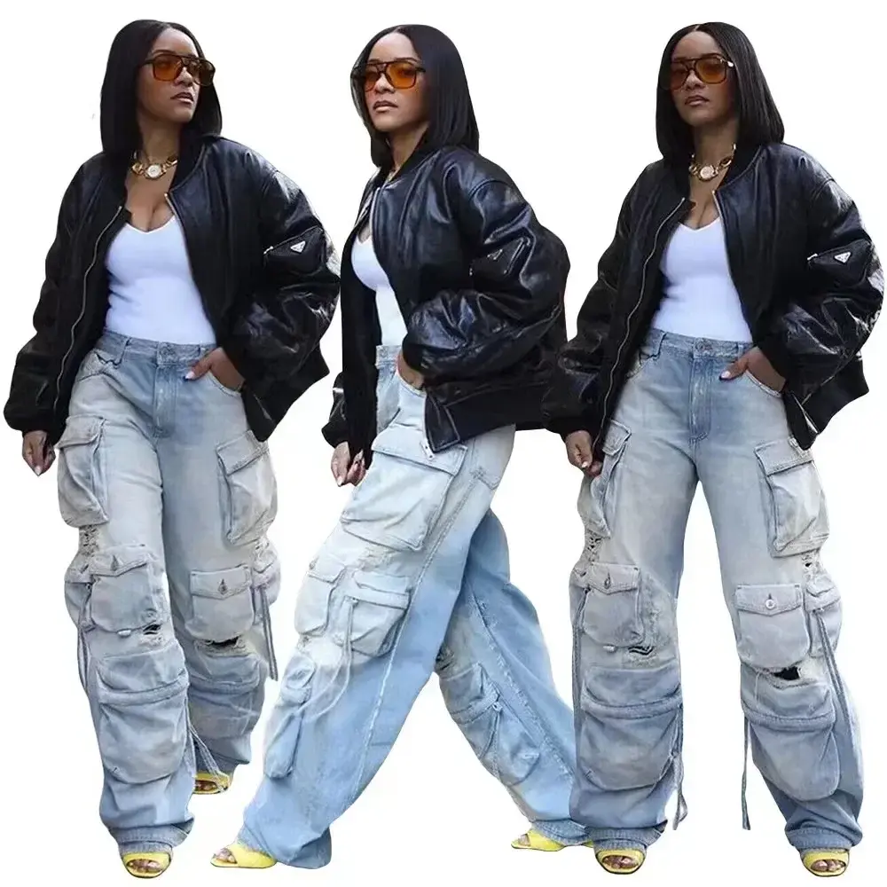Washed Cargo Pants Women Hole Distressed Jeans Vintage Pockets Mid Waist Trousers 2025 Autumn Female Casual Denims Streetwear