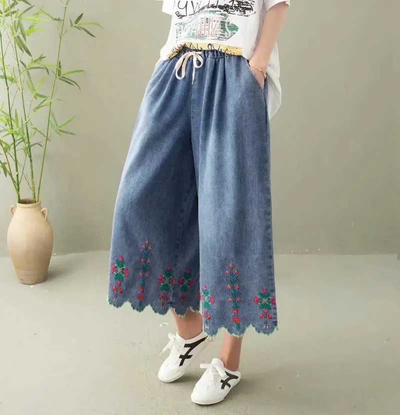 Denim Pant Women Jeans Wide Leg Calf Length Pants Embroidery Floral High Waist Straight Trousers Y2k Streetwear Elegant Work