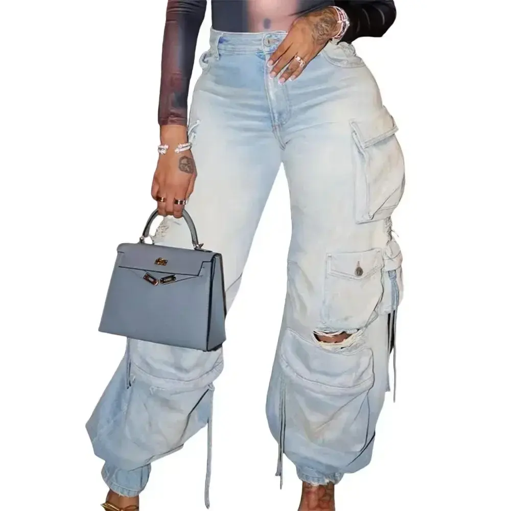 Washed Cargo Pants Women Hole Distressed Jeans Vintage Pockets Mid Waist Trousers 2025 Autumn Female Casual Denims Streetwear
