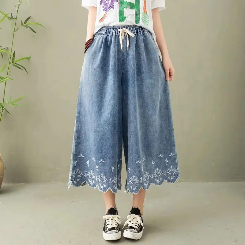 Denim Pant Women Jeans Wide Leg Calf Length Pants Embroidery Floral High Waist Straight Trousers Y2k Streetwear Elegant Work