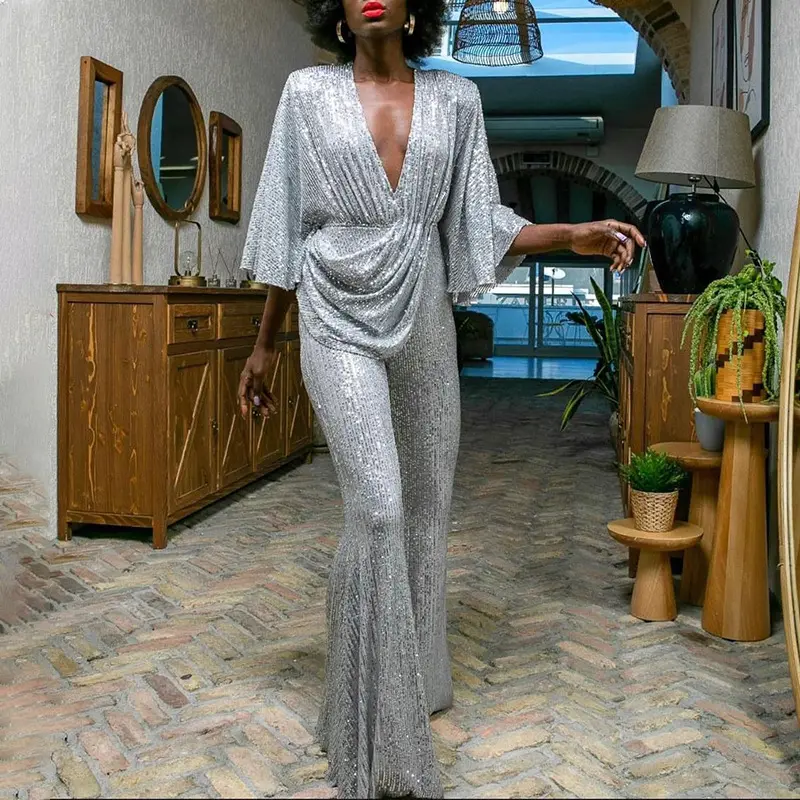 Women Jumpsuits V Neck Ruffles Sleeve Rompers Overalls Wide Leg Pants Slight Strech Spliced Backless Sequins Sexy One Piece