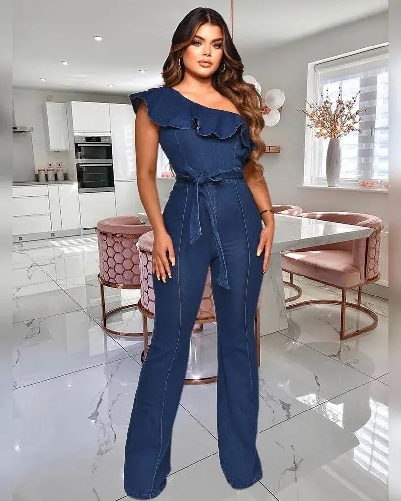Spliced Ruffles Vintage Jeans Overalls Washed Full Length Jean Wide Leg Denim Pants Distressed Solid 2025 Casual Skew Collar