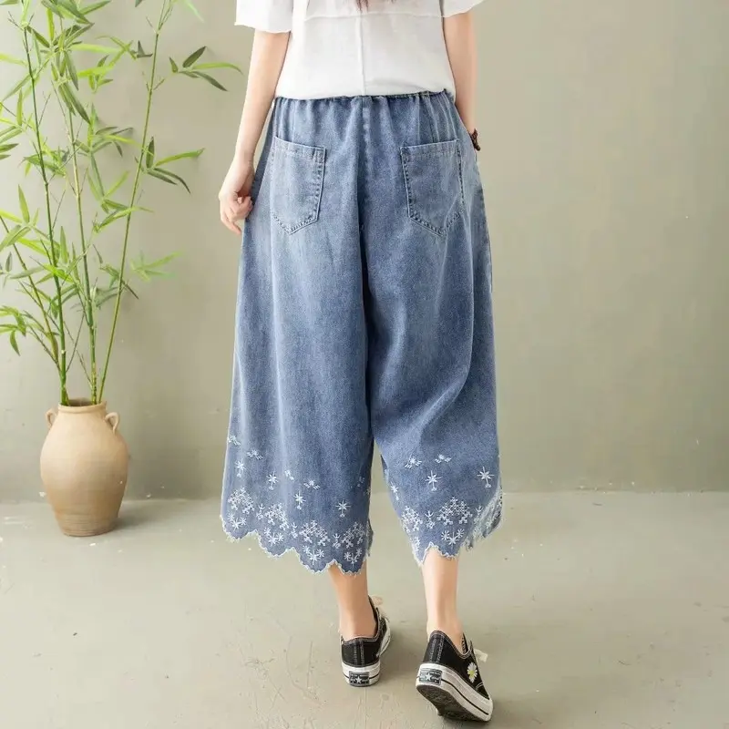 Denim Pant Women Jeans Wide Leg Calf Length Pants Embroidery Floral High Waist Straight Trousers Y2k Streetwear Elegant Work