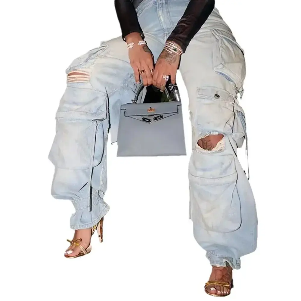 Washed Cargo Pants Women Hole Distressed Jeans Vintage Pockets Mid Waist Trousers 2025 Autumn Female Casual Denims Streetwear