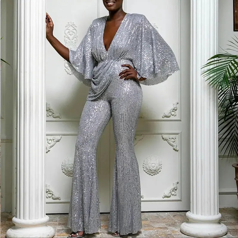Women Jumpsuits V Neck Ruffles Sleeve Rompers Overalls Wide Leg Pants Slight Strech Spliced Backless Sequins Sexy One Piece