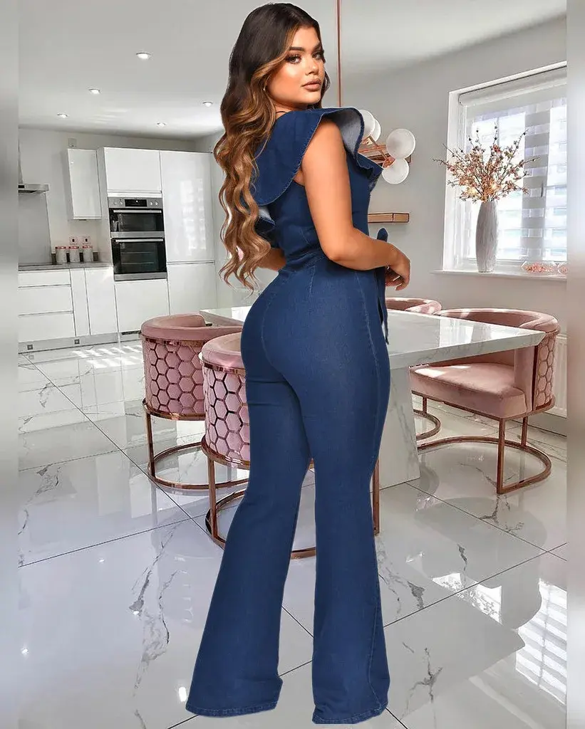 Spliced Ruffles Vintage Jeans Overalls Washed Full Length Jean Wide Leg Denim Pants Distressed Solid 2025 Casual Skew Collar