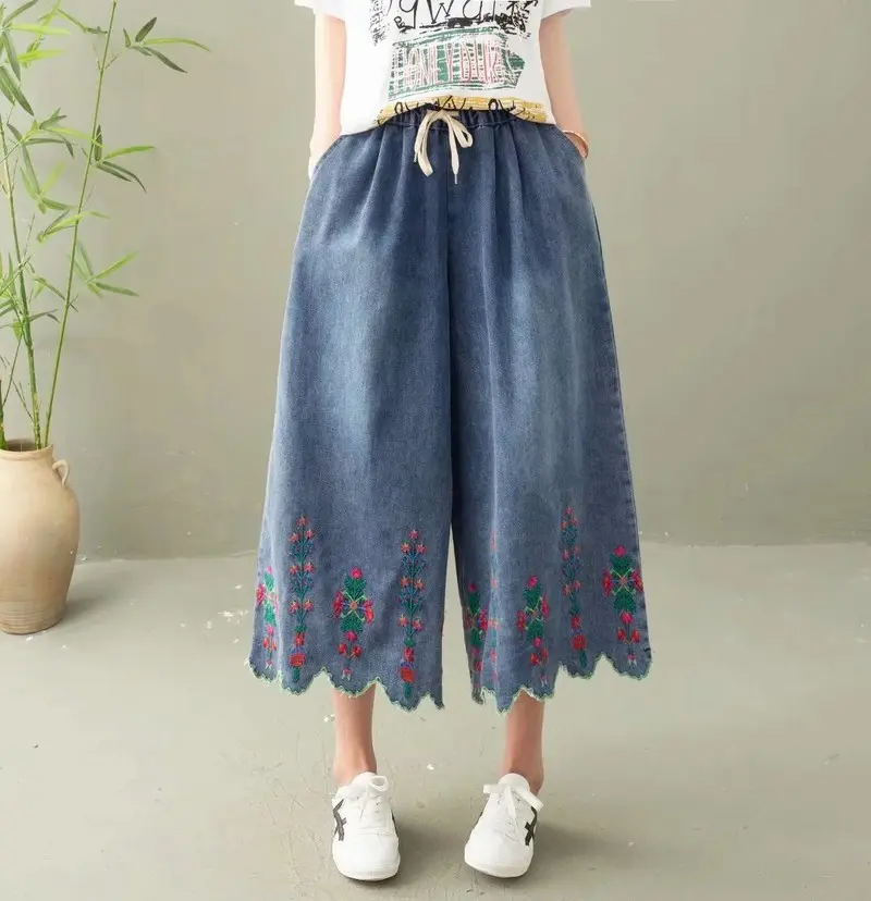 Denim Pant Women Jeans Wide Leg Calf Length Pants Embroidery Floral High Waist Straight Trousers Y2k Streetwear Elegant Work