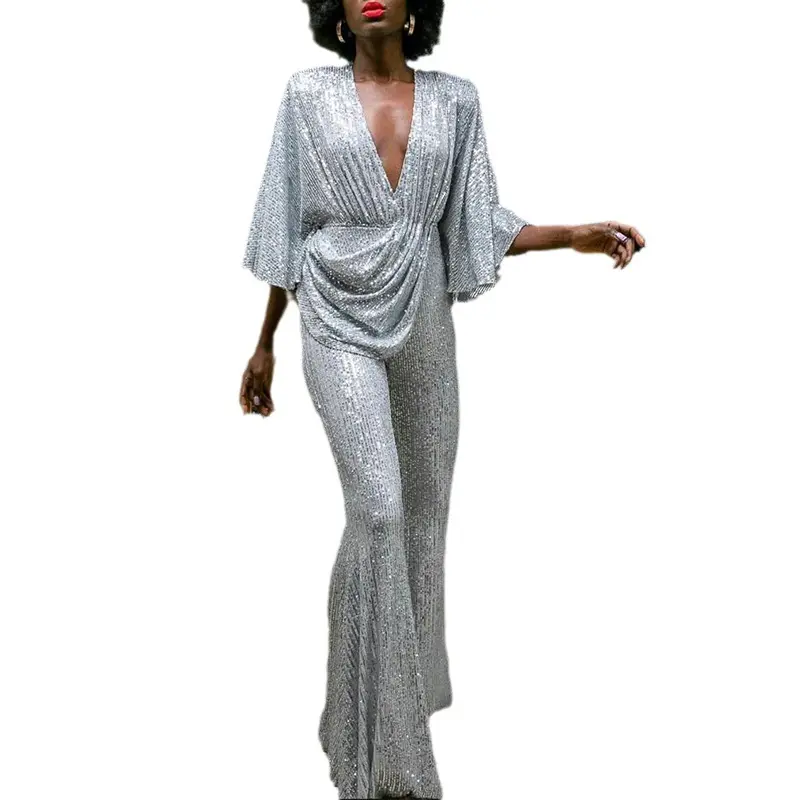 Women Jumpsuits V Neck Ruffles Sleeve Rompers Overalls Wide Leg Pants Slight Strech Spliced Backless Sequins Sexy One Piece