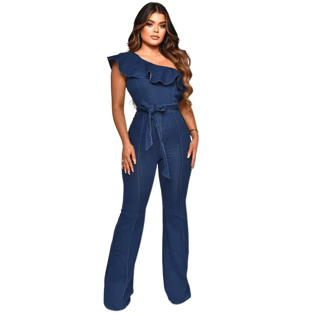 Spliced Ruffles Vintage Jeans Overalls Washed Full Length Jean Wide Leg Denim Pants Distressed Solid 2025 Casual Skew Collar