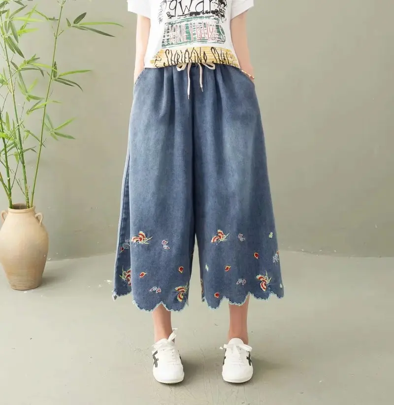 Denim Pant Women Jeans Wide Leg Calf Length Pants Embroidery Floral High Waist Straight Trousers Y2k Streetwear Elegant Work