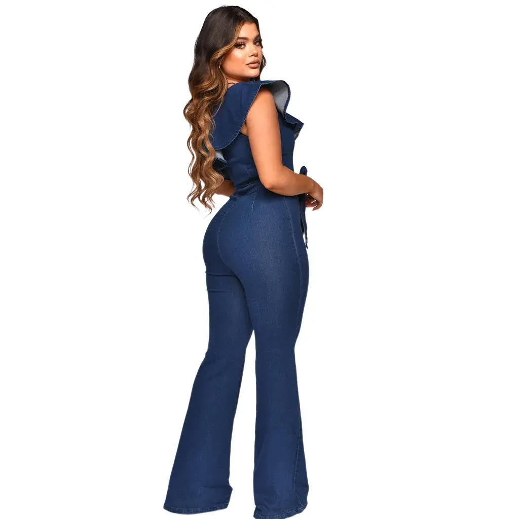 Spliced Ruffles Vintage Jeans Overalls Washed Full Length Jean Wide Leg Denim Pants Distressed Solid 2025 Casual Skew Collar