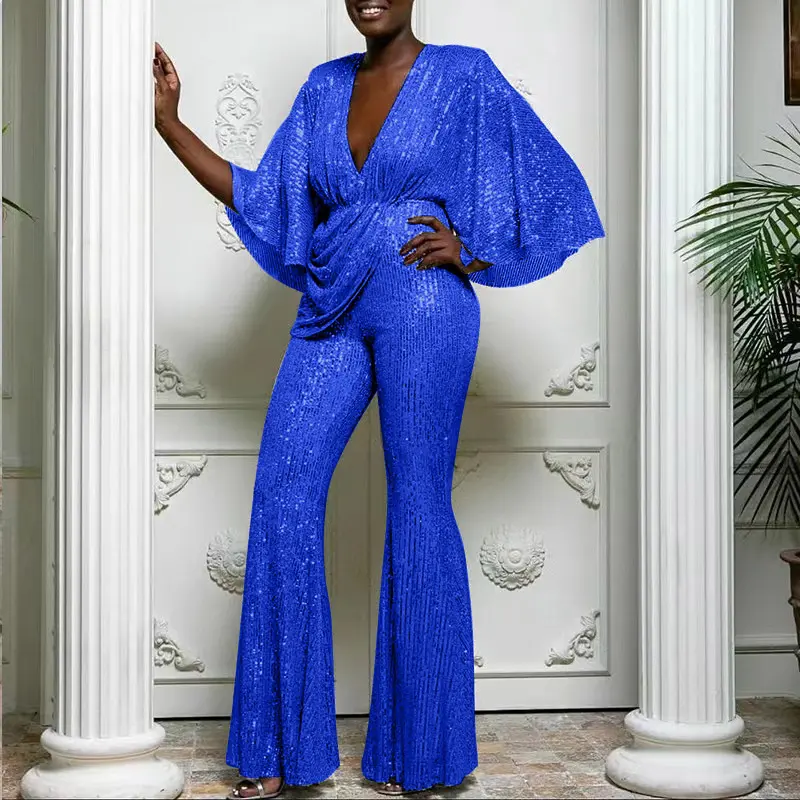 Women Jumpsuits V Neck Ruffles Sleeve Rompers Overalls Wide Leg Pants Slight Strech Spliced Backless Sequins Sexy One Piece