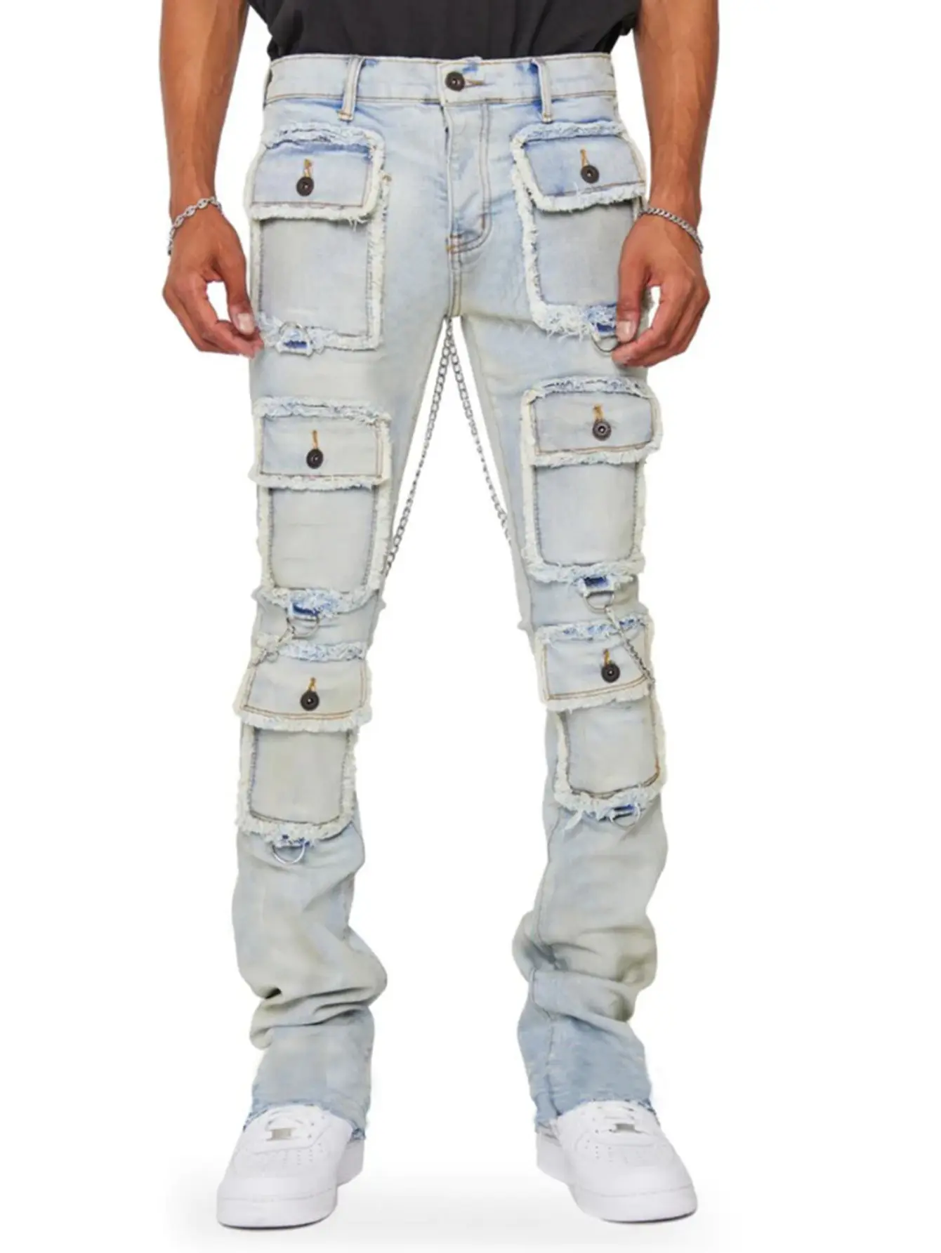 Men Jeans Straight Pants Mid Waist Denim Patchwork Zipper Fly Cargo Pockets Solid Ankle Length Slight Strech High Street