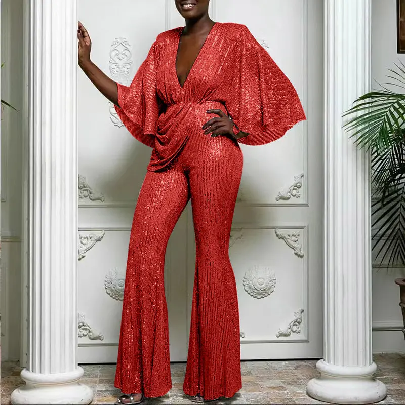Women Jumpsuits V Neck Ruffles Sleeve Rompers Overalls Wide Leg Pants Slight Strech Spliced Backless Sequins Sexy One Piece