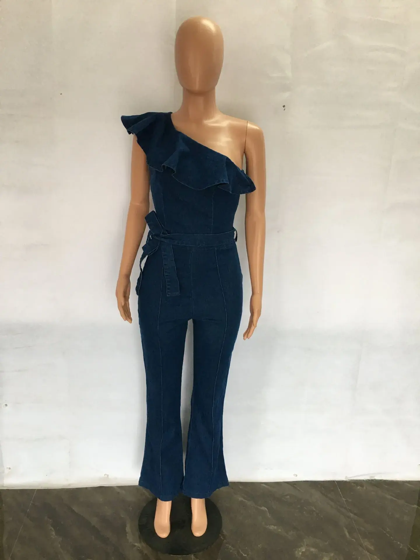 Spliced Ruffles Vintage Jeans Overalls Washed Full Length Jean Wide Leg Denim Pants Distressed Solid 2025 Casual Skew Collar