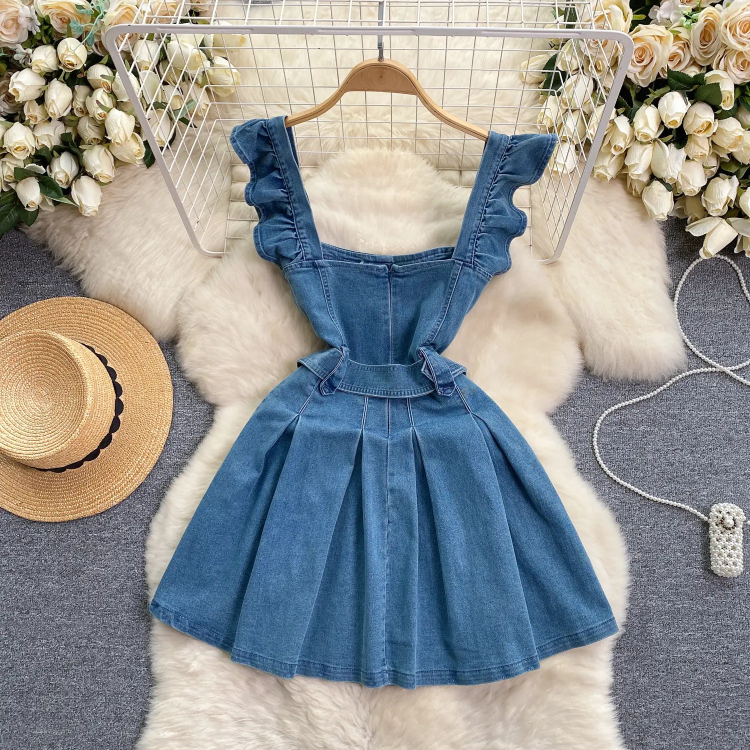 Mini Dress Women Denim Dresses A Line Sling Vestidos Streetwear Fly Sleeve Elegant High Waist Belt Y2k Party Club Summer 2025