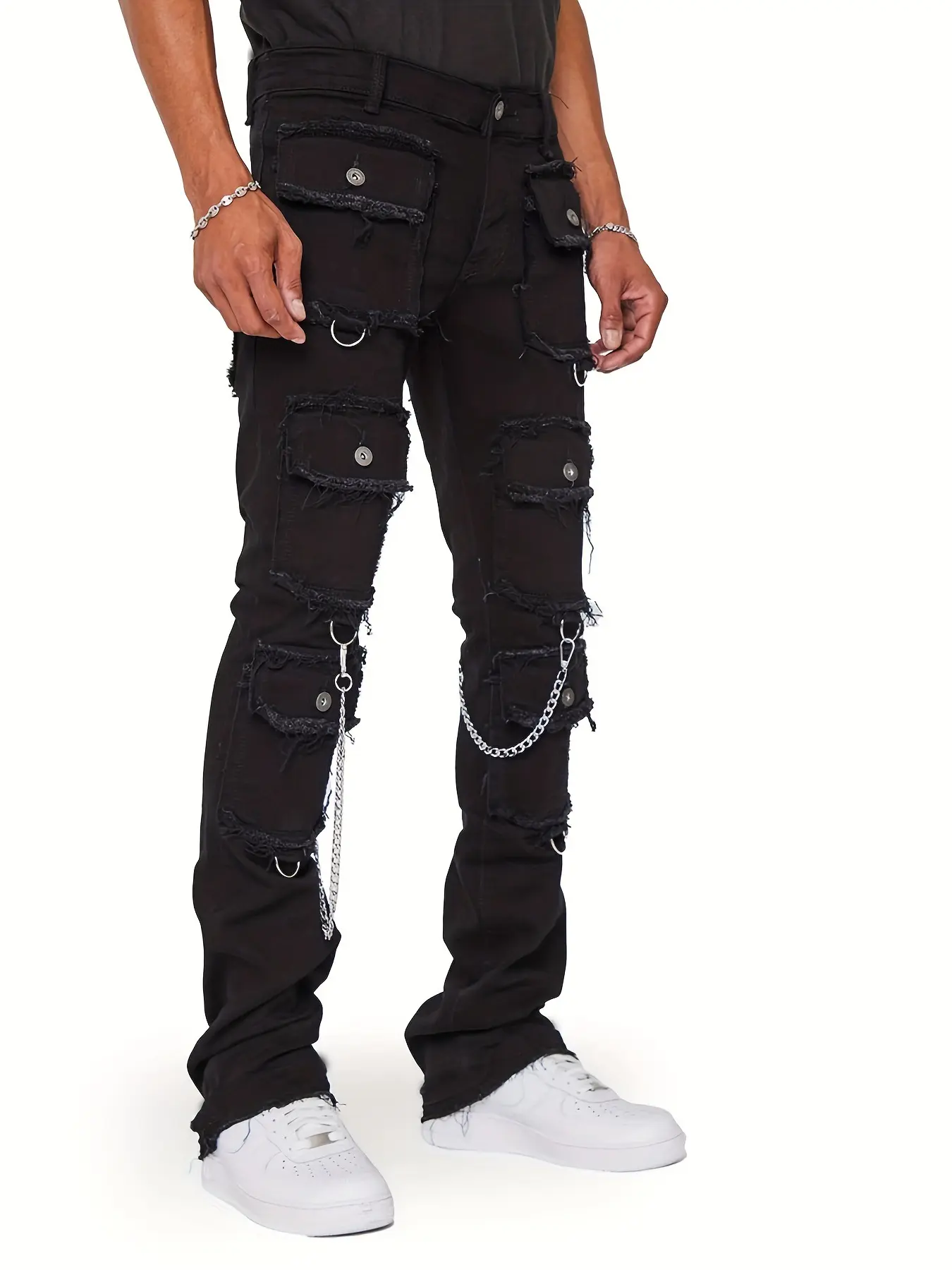 Men Jeans Straight Pants Mid Waist Denim Patchwork Zipper Fly Cargo Pockets Solid Ankle Length Slight Strech High Street
