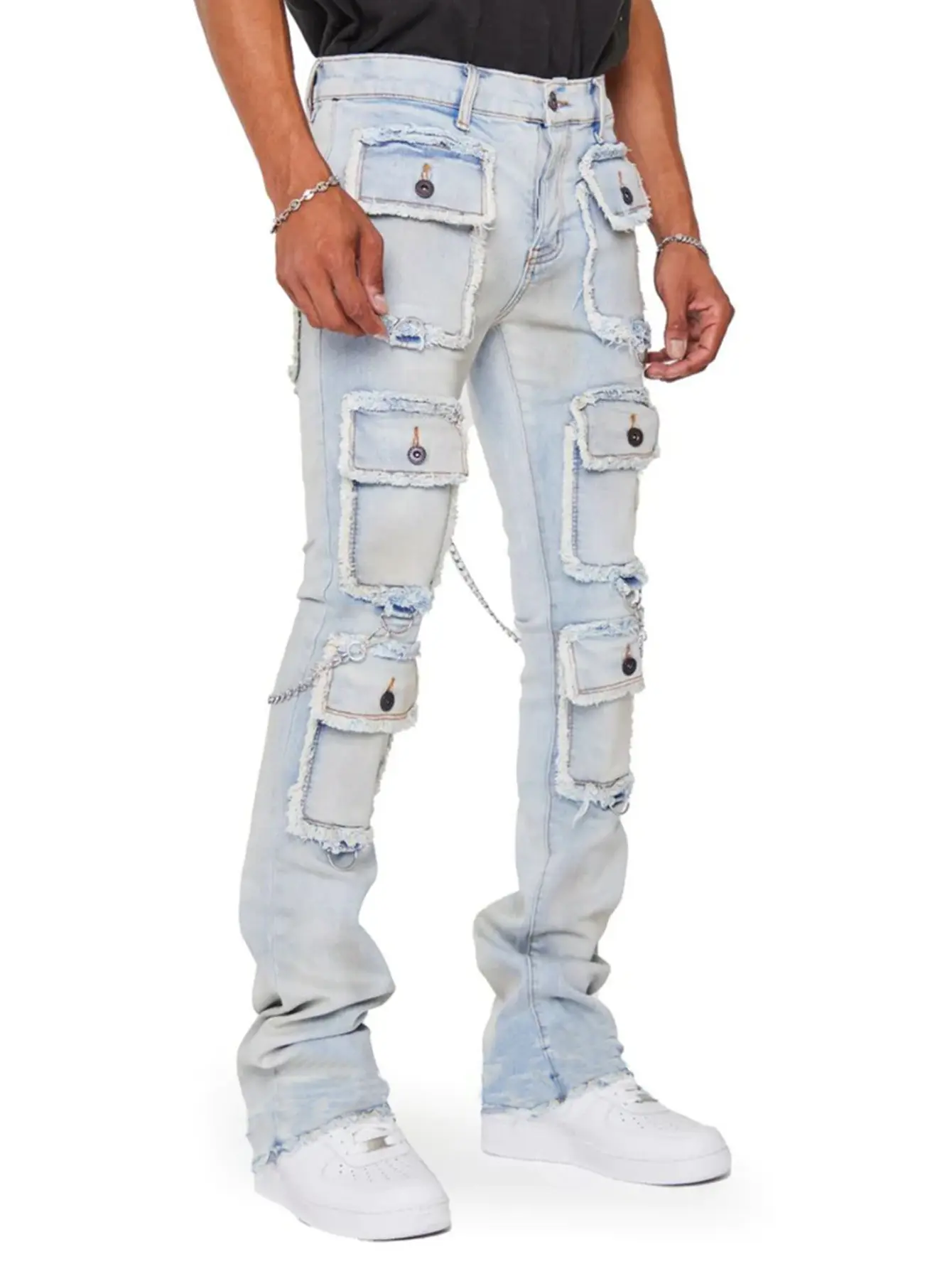 Men Jeans Straight Pants Mid Waist Denim Patchwork Zipper Fly Cargo Pockets Solid Ankle Length Slight Strech High Street