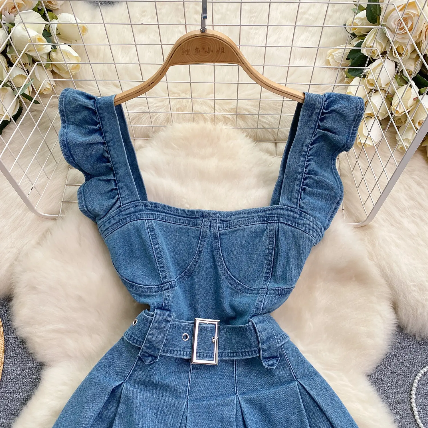 Mini Dress Women Denim Dresses A Line Sling Vestidos Streetwear Fly Sleeve Elegant High Waist Belt Y2k Party Club Summer 2025