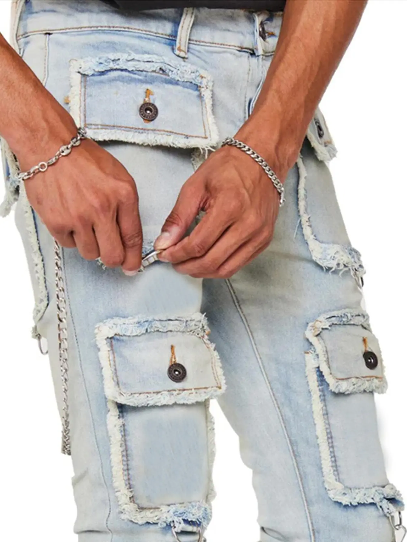 Men Jeans Straight Pants Mid Waist Denim Patchwork Zipper Fly Cargo Pockets Solid Ankle Length Slight Strech High Street