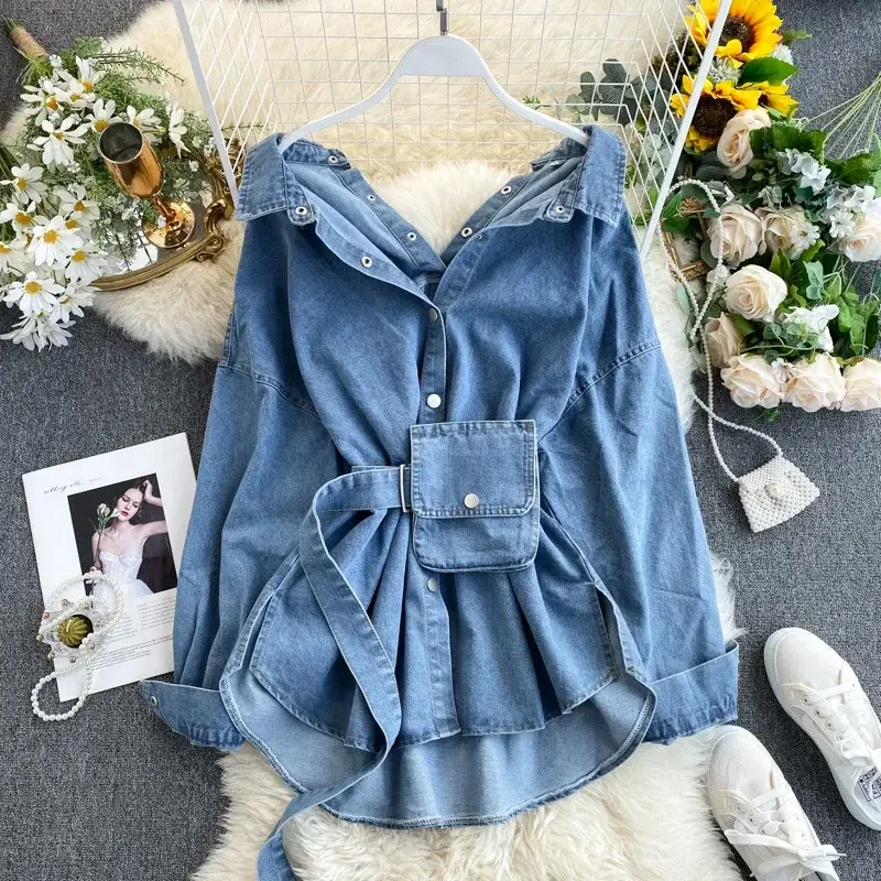 Shirts for Women Denim Blouse Washed Outerwear 2025 Jackets Strap Waist Bag Lapel Single Breasted Y2k Streetwear Overshirt Tops