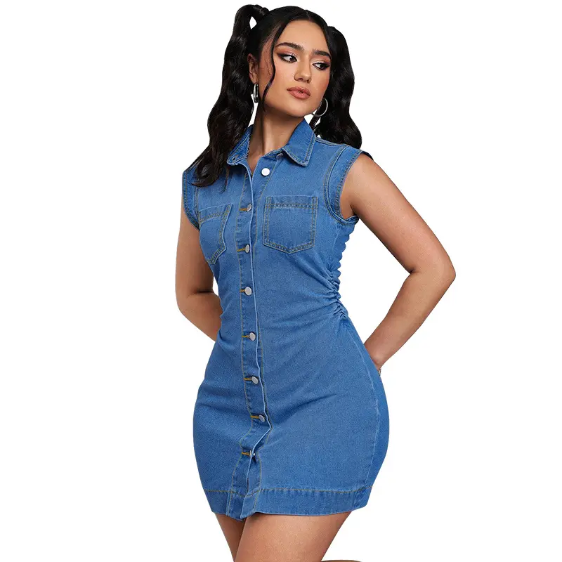 Mini Dress Women Denim Dresses Mom Jeans Single Breasted Vestidos Turn Down Collar Hip Wrap Sleeveless Elegant Y2k Party Club