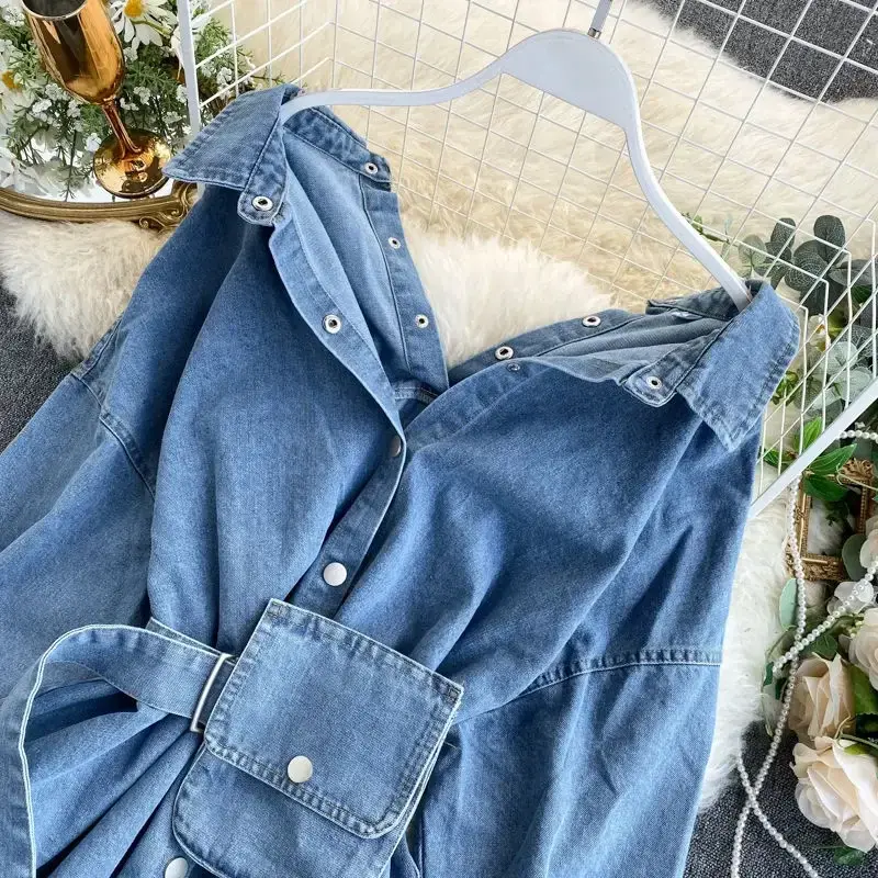 Shirts for Women Denim Blouse Washed Outerwear 2025 Jackets Strap Waist Bag Lapel Single Breasted Y2k Streetwear Overshirt Tops