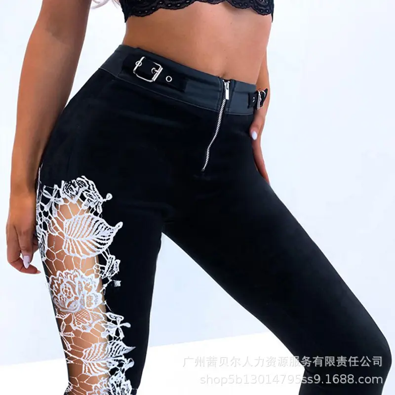 Women Elastic Waist Leggings Pants Sexy Mesh Stitching Party Club Stretch Zipper Lace Patchwork Solid Color Trousers Street