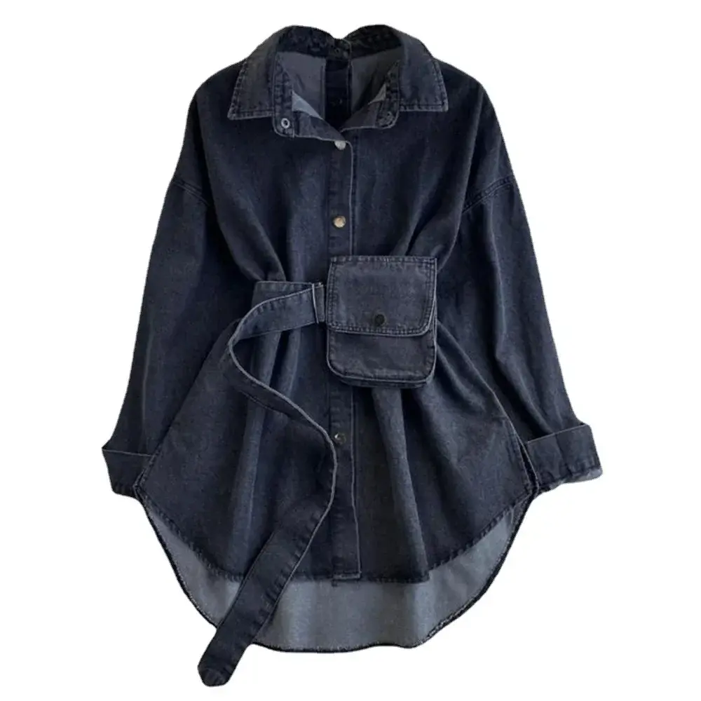 Shirts for Women Denim Blouse Washed Outerwear 2025 Jackets Strap Waist Bag Lapel Single Breasted Y2k Streetwear Overshirt Tops