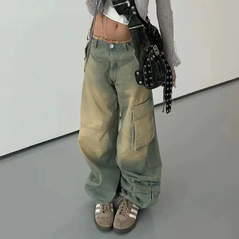 Women Jeans Flash Distressed Straight Pants Denim Spliced Pockets High Street Loose Low Waist Washing Zipper Flat Vintage Jean