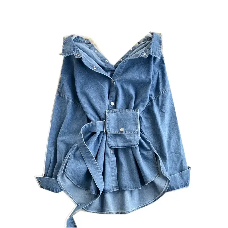 Shirts for Women Denim Blouse Washed Outerwear 2025 Jackets Strap Waist Bag Lapel Single Breasted Y2k Streetwear Overshirt Tops