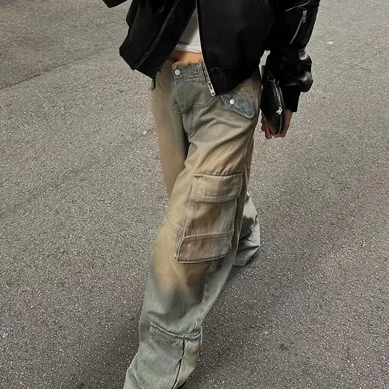 Women Jeans Flash Distressed Straight Pants Denim Spliced Pockets High Street Loose Low Waist Washing Zipper Flat Vintage Jean