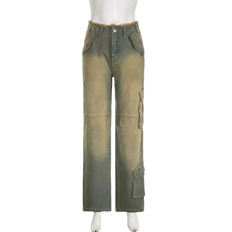 Women Jeans Flash Distressed Straight Pants Denim Spliced Pockets High Street Loose Low Waist Washing Zipper Flat Vintage Jean