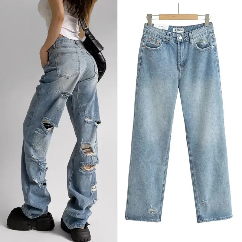 Denim Pant Women Mom Jeans Wide Leg Long Pants High Waist Straight Trousers Y2k Streetwear Casual Loose Work Party Club 2025