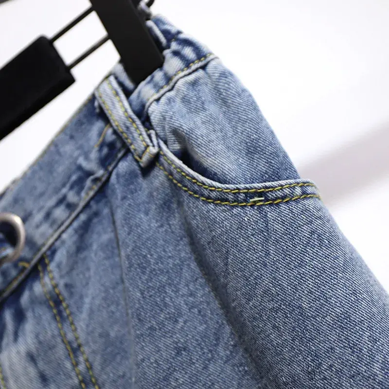 Denim Pants Women Elastic High Waist Washed Jeans Pocket Spring Summer Casual Trousers 2025 Baggy Work Jean Women Vintage