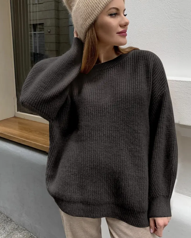 Knit Sweater Women Long Sleeve Loose Pullover Round Neck Solid Color Jumper Autumn Winter Thick Knitted Tops Office Lady