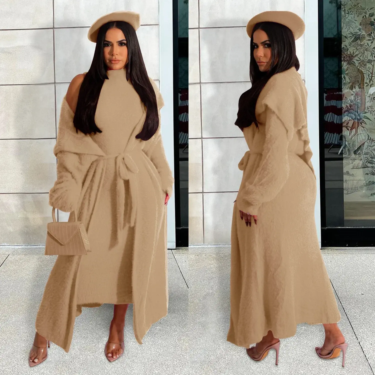 Women Dress Sets Two Piece Long Sleeve Round Neck Cardigan Solid Color Elastic Waist Casual Slim Fit Patchwork Autumn Belt