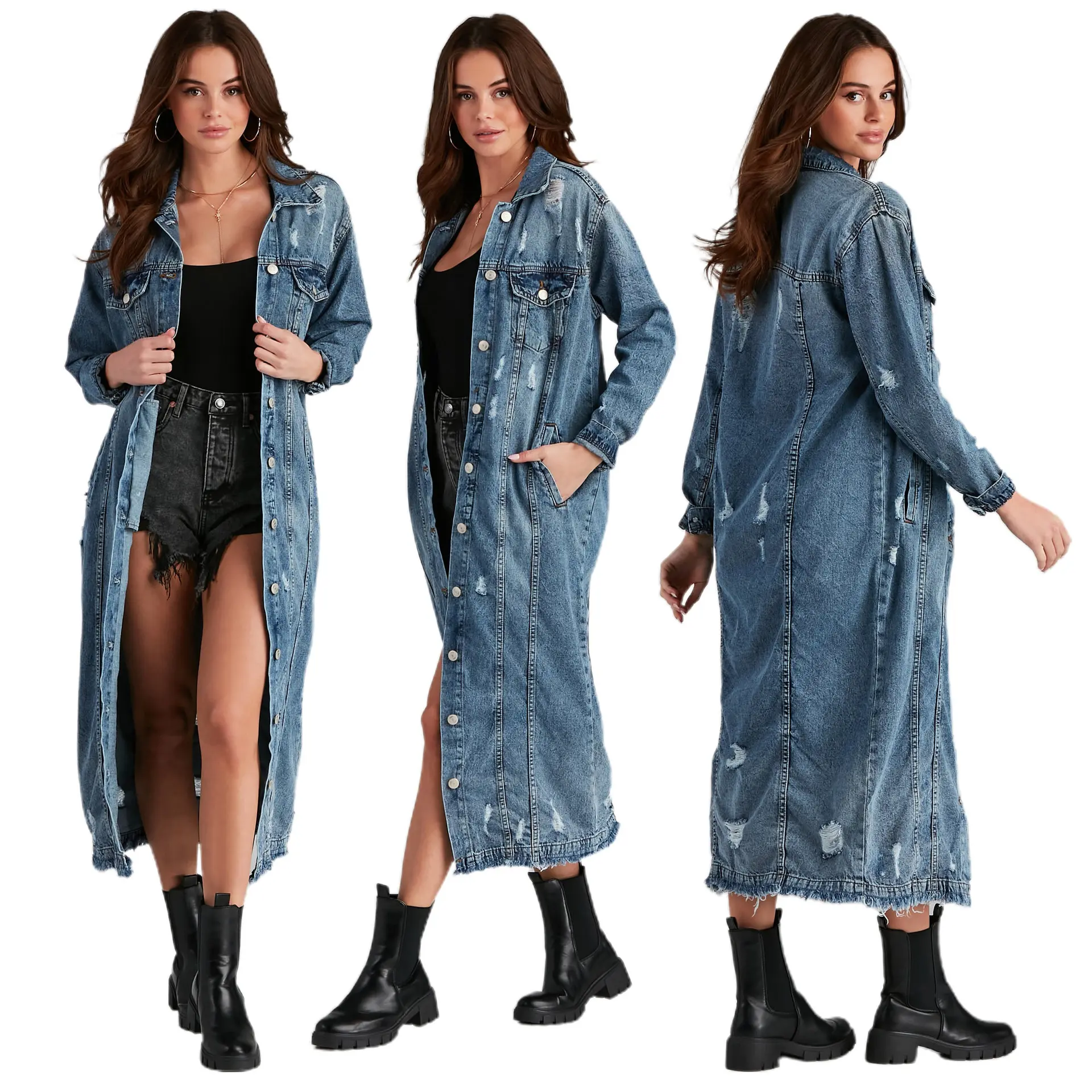 Denim Coats Women Single Breasted Long Coat Casual Loose Turn Down Collar Y2k Streetwear Jackets Hole Mom Jeans Jacket 2025