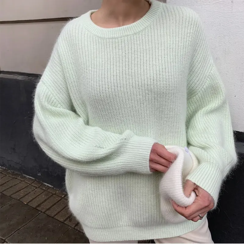 Knit Sweater Women Long Sleeve Loose Pullover Round Neck Solid Color Jumper Autumn Winter Thick Knitted Tops Office Lady