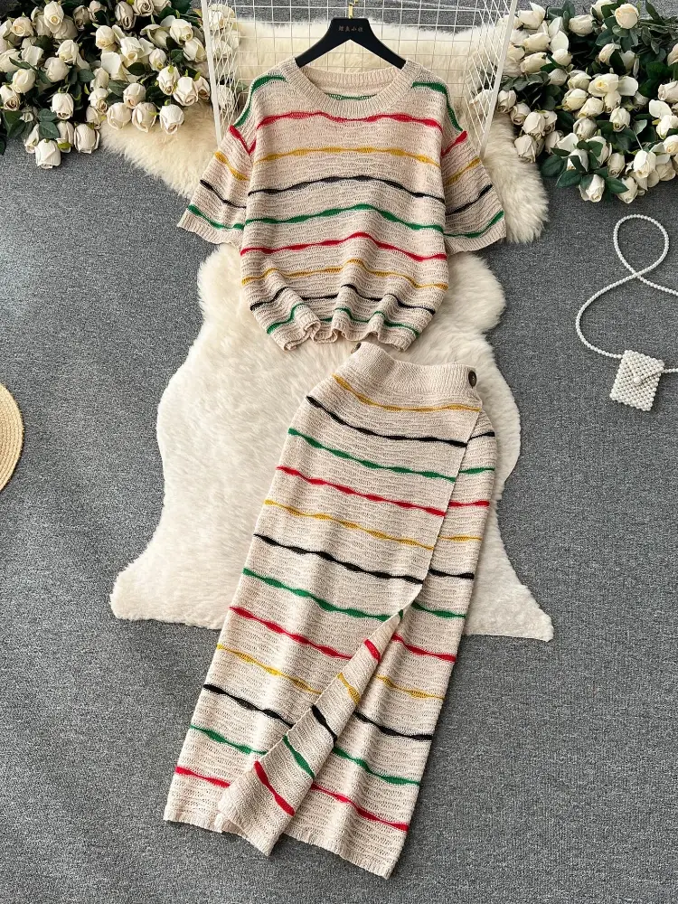 Dress Stets Women Short Sleeve Striped O Neck Tops Knitting Two Pieces Set Slim Sexy High Waist Ankle Length Y2k Streetwear