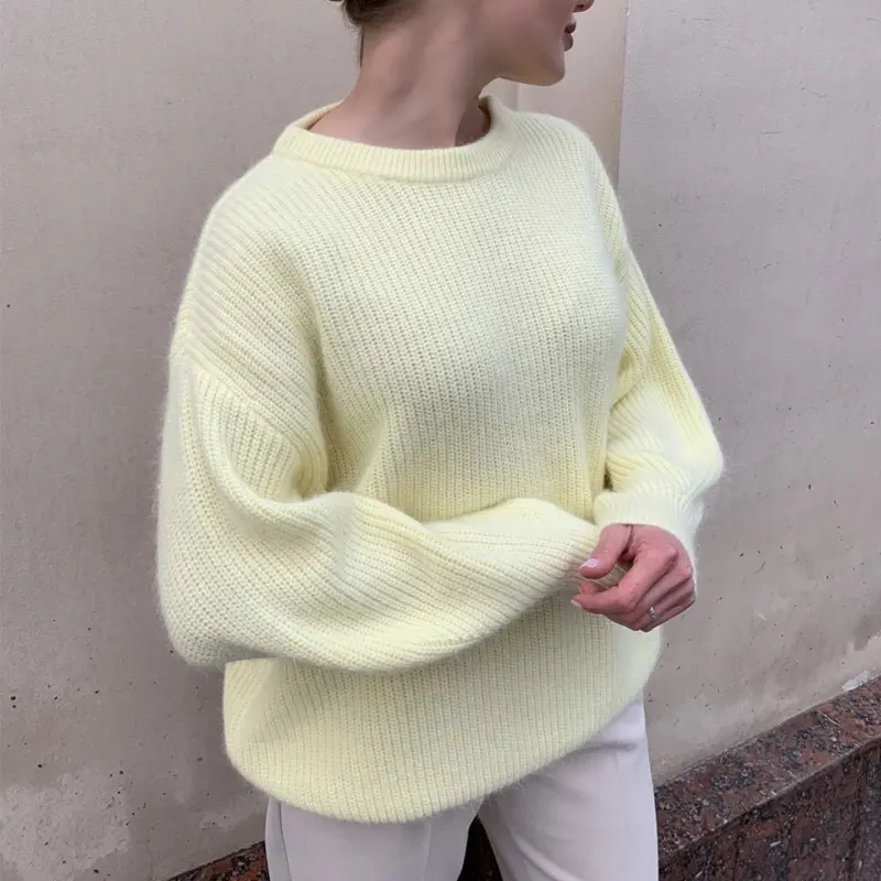 Knit Sweater Women Long Sleeve Loose Pullover Round Neck Solid Color Jumper Autumn Winter Thick Knitted Tops Office Lady