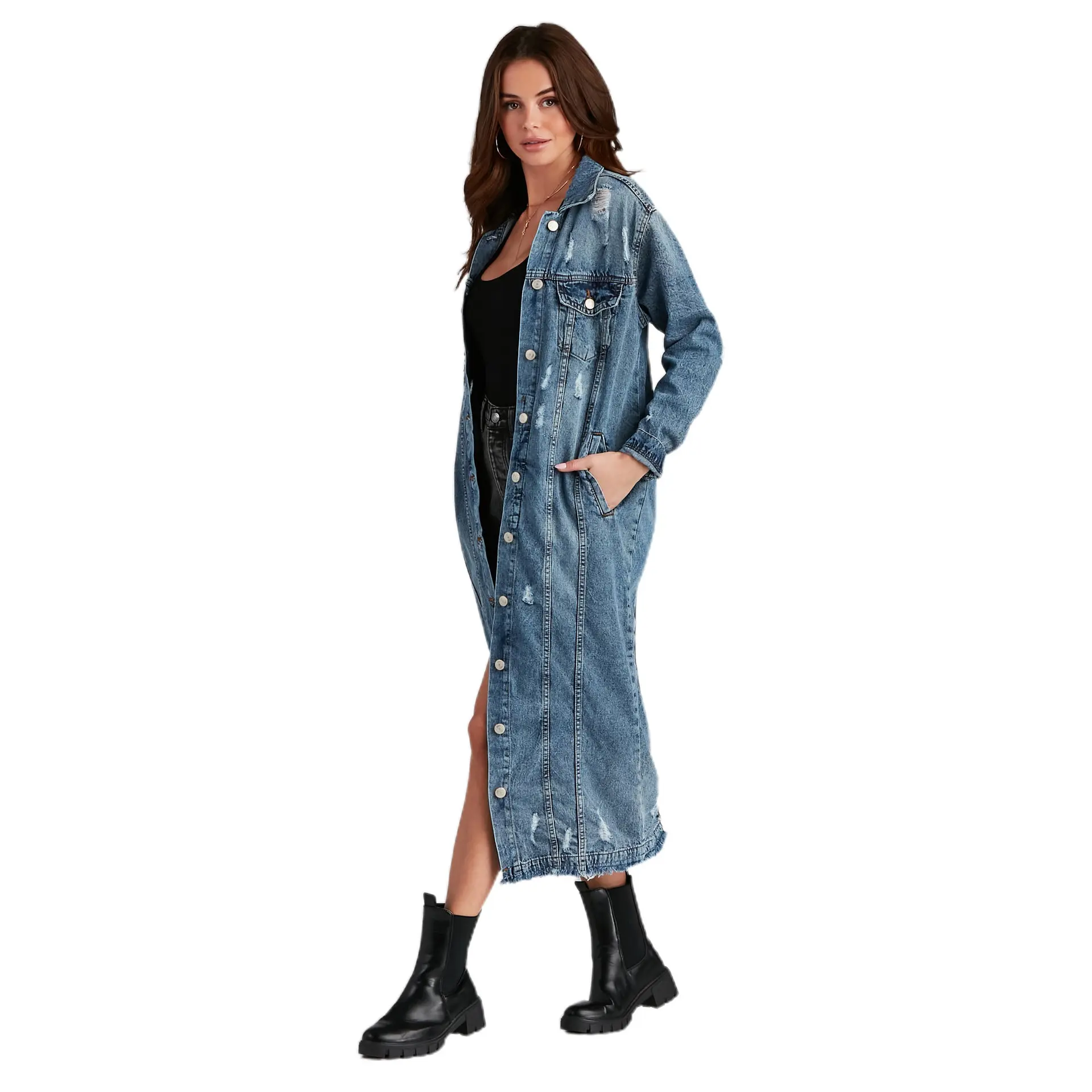 Denim Coats Women Single Breasted Long Coat Casual Loose Turn Down Collar Y2k Streetwear Jackets Hole Mom Jeans Jacket 2025