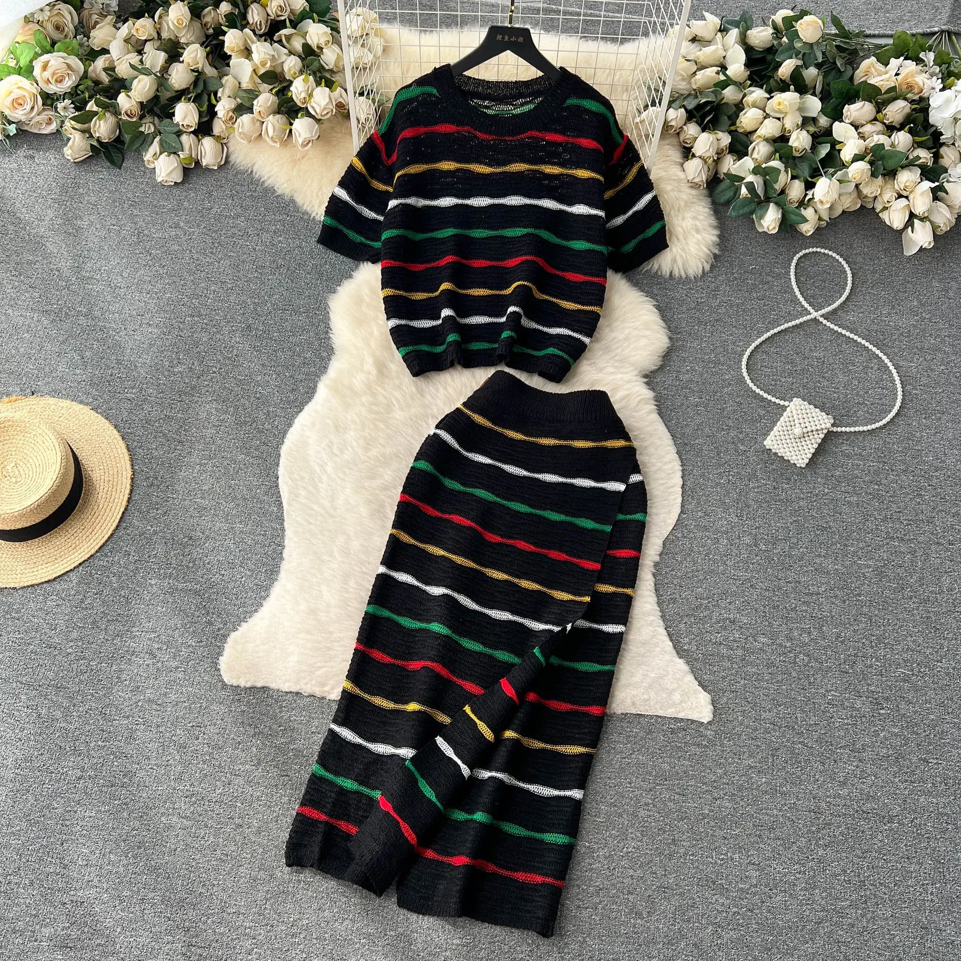 Dress Stets Women Short Sleeve Striped O Neck Tops Knitting Two Pieces Set Slim Sexy High Waist Ankle Length Y2k Streetwear