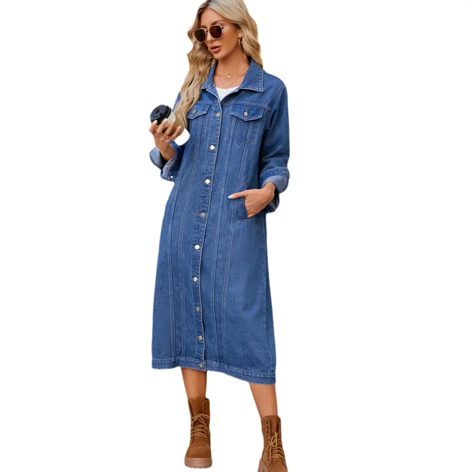 Maxi Denim Coats Women Jeans Streetwear Y2k Streetwear Turn Down Collar Straight Jacket Loose Single Breasted 2025 Spring Coat