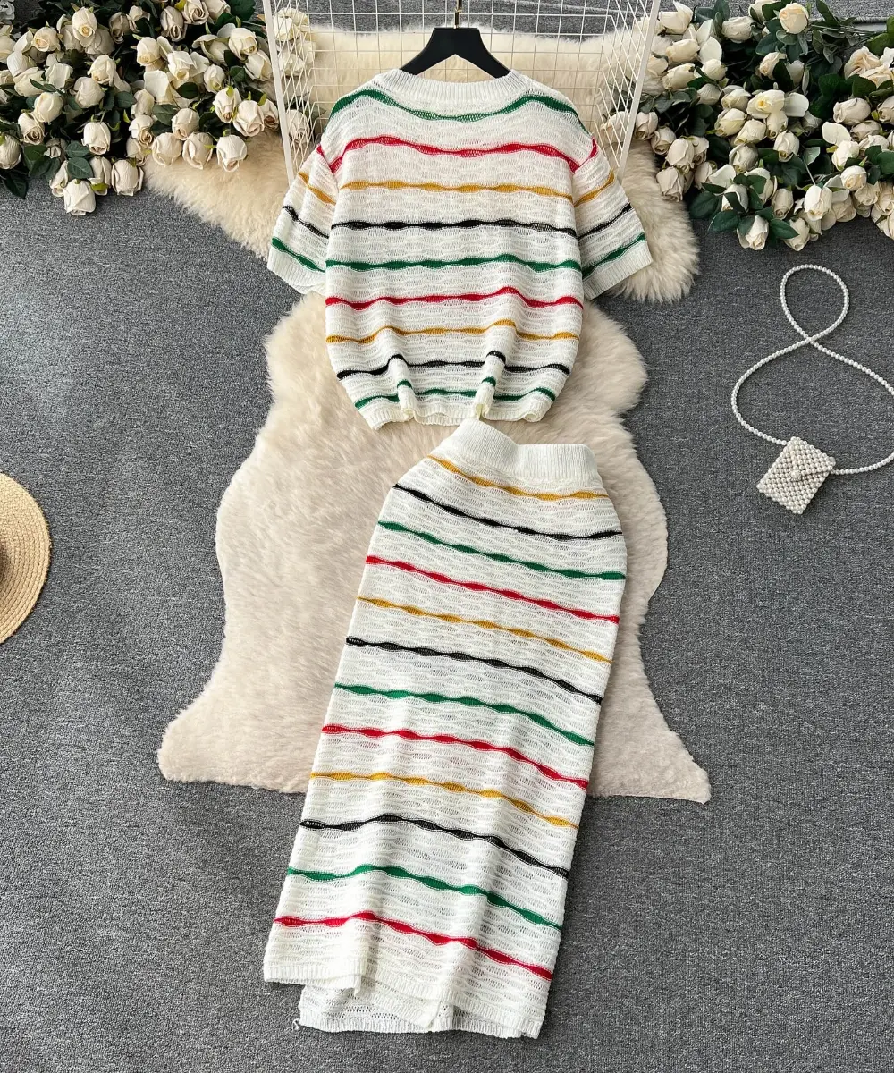 Dress Stets Women Short Sleeve Striped O Neck Tops Knitting Two Pieces Set Slim Sexy High Waist Ankle Length Y2k Streetwear