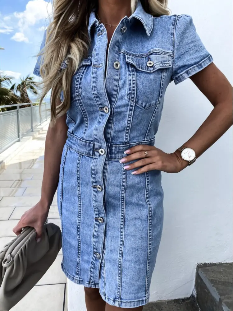 Women Dresses Turn Down Collar Denim Washing Dress Single Breasted Button Vestidos Slim Fit Pockets Spliced Knee Length