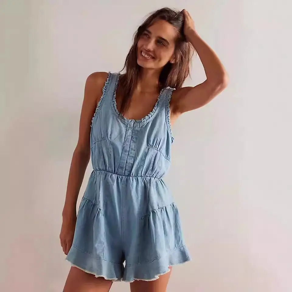 Jumpsuits Women One Piece Sleeveless Playsuits Denim Overalls Short Pants High Waist Rompers Y2k Streetwear Spring Mom Jeans